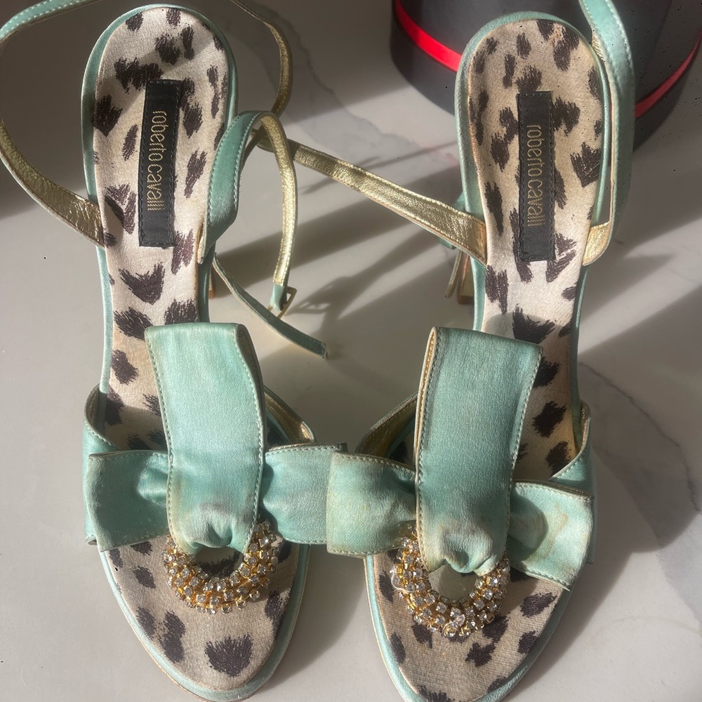 Roberto Cavalli Satin Bow Heels Crystal Logo Sandals Size 38 Italy Designer